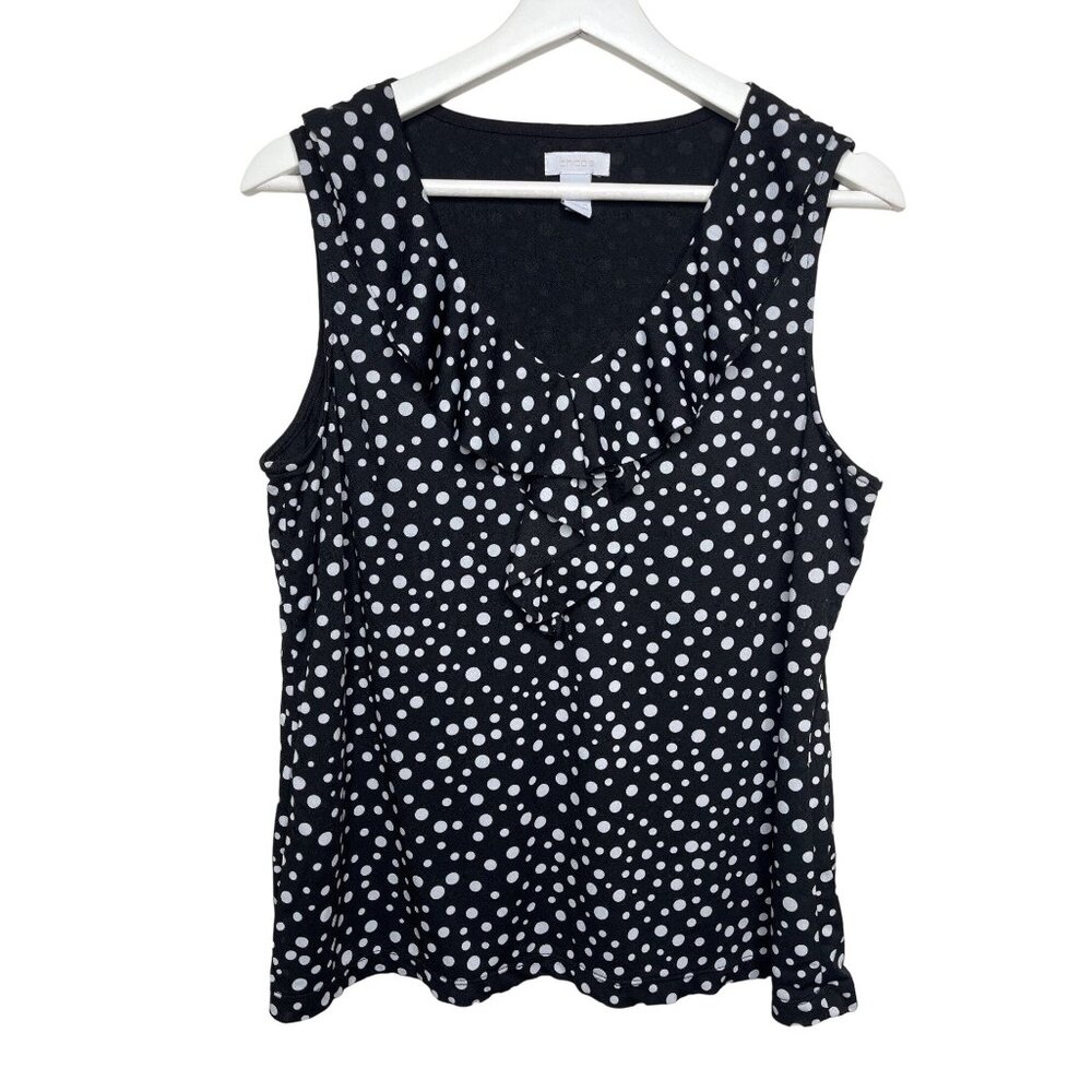 Chicos Top Women Sleeveless V Neck Blouse Mesh Polka Dot Black White Large 2